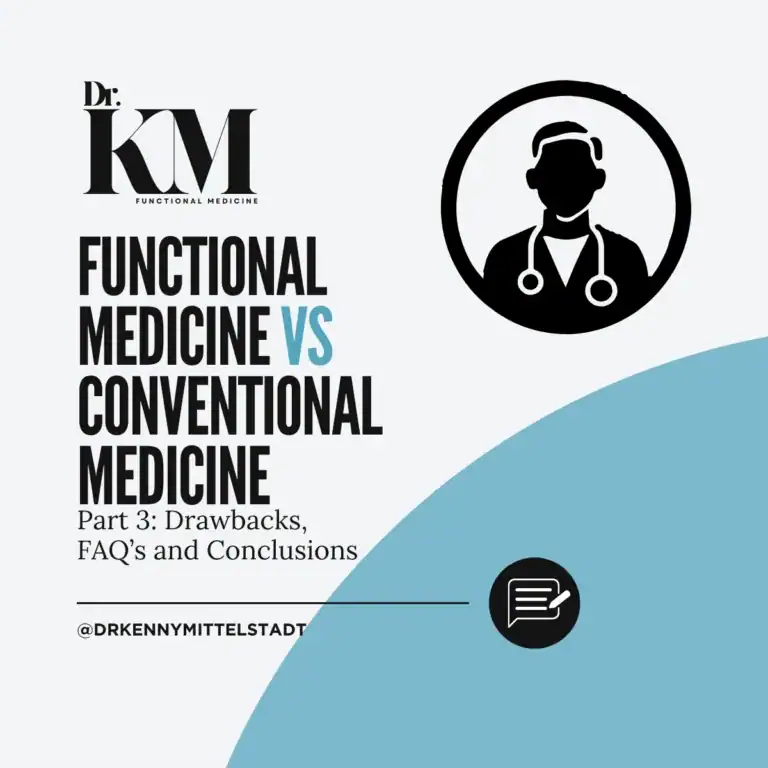 This image shows the title of the blog post: "Functional vs Conventional Medicine: Drawbacks & FAQs"