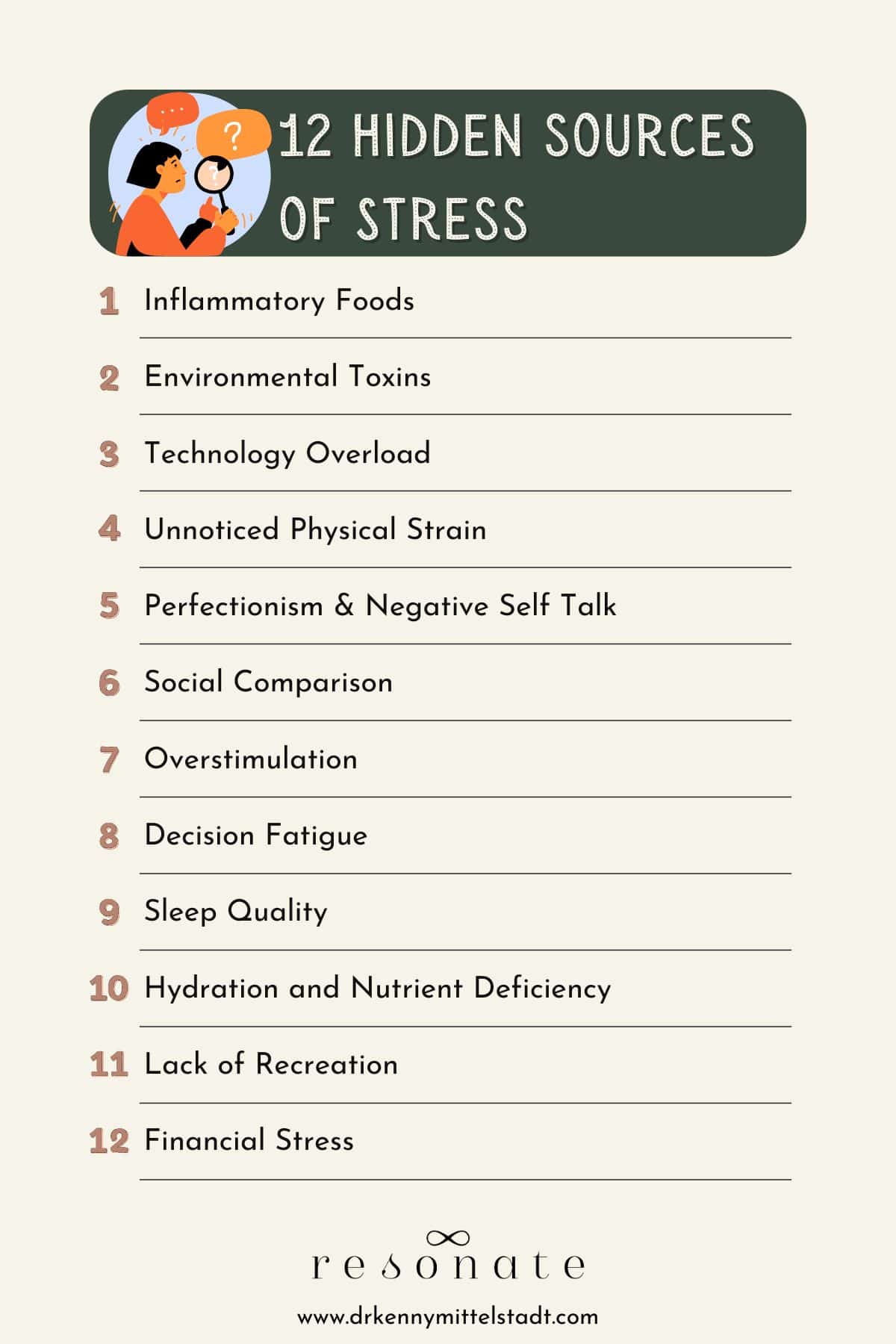 This image lists the 12 Hidden Sources of stress that are being discussed in this blog post