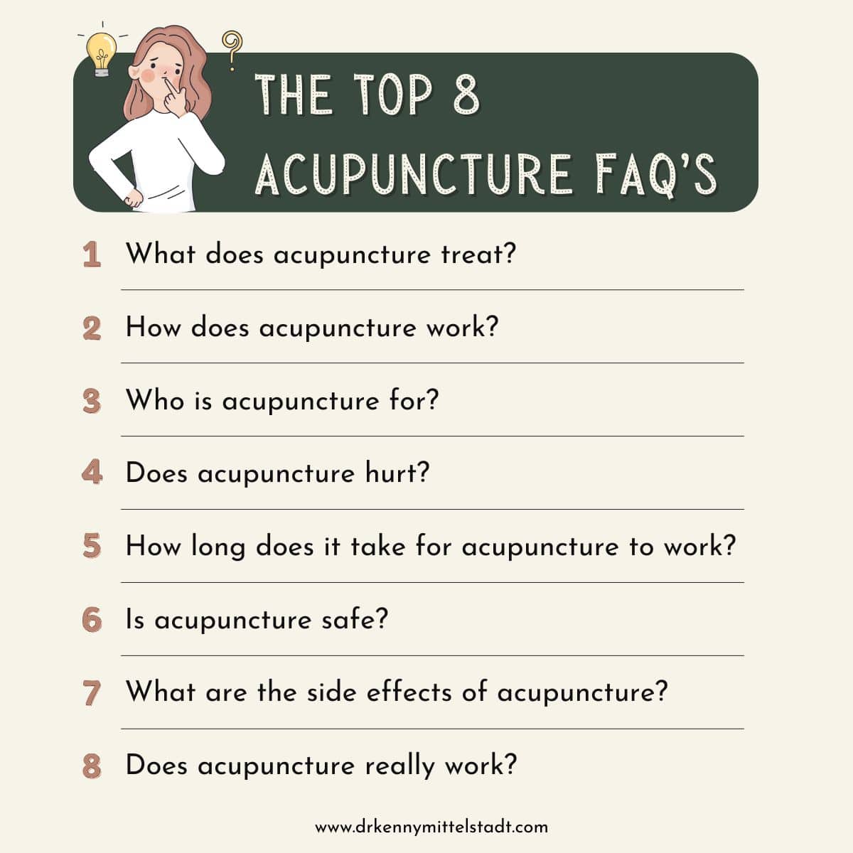 This image lists the 8 FAQ's related to acupuncture that this blog post explores in the content.