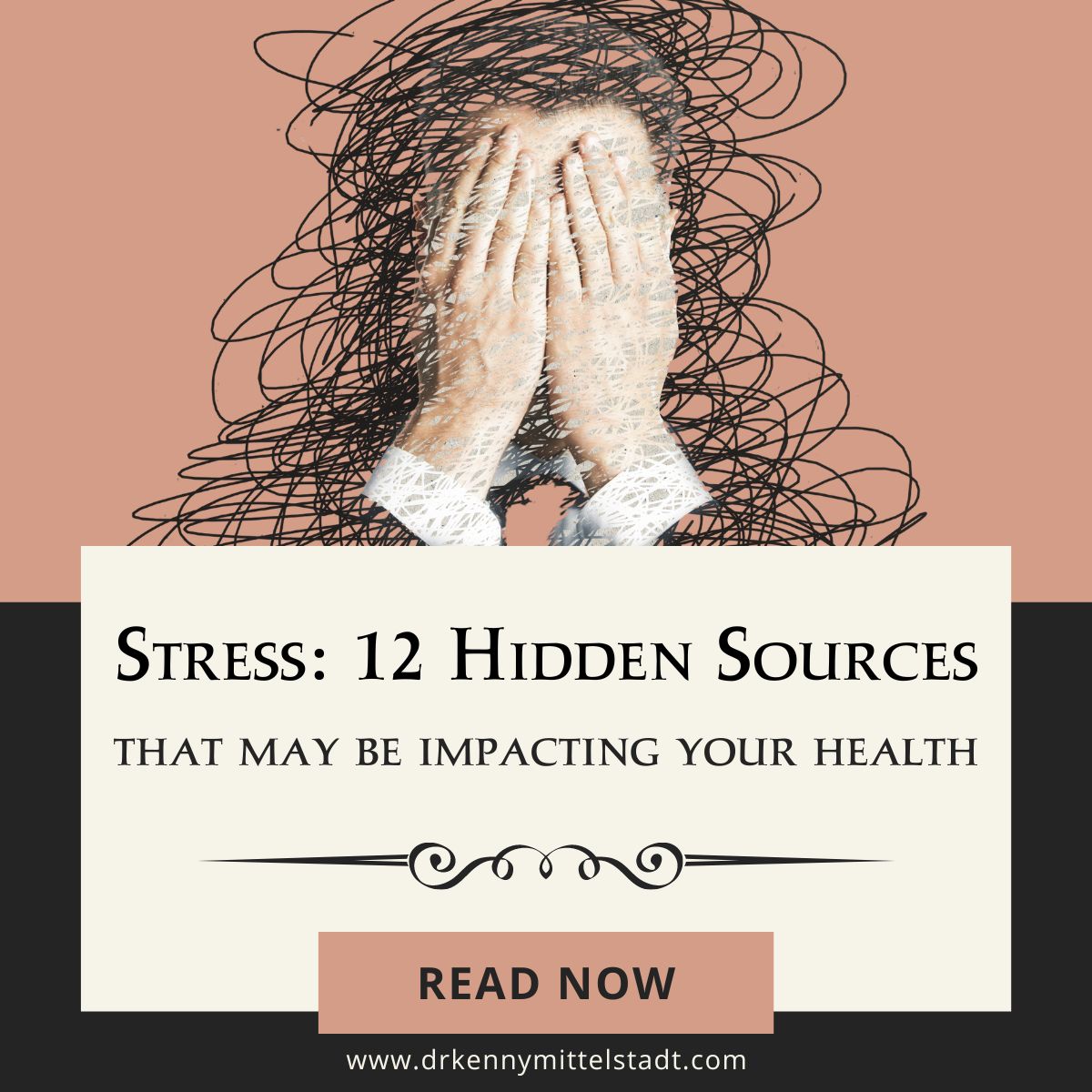 This image depicts an abstract image of a person experiencing stress with hands over their face and the title of the blog post - "Stress: 12 Hidden Sources that May Be Impacting Your Health."