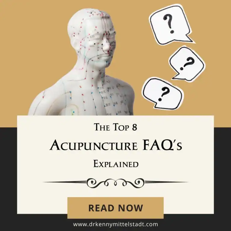 This is the featured image for the blog post, "The Top 8 Acupuncture FAQ's Explained." IT displays the title with a picture of an figure with the acupuncture meridians and points labeled.