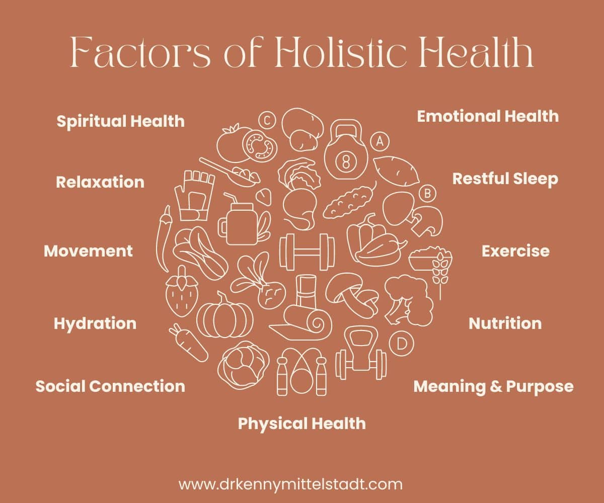 This image depicts some of the factors that make up holistic health including nutrition, movement, exercise, sense of meaning and purpose, social health, physical health, spiritual health, and mental health.