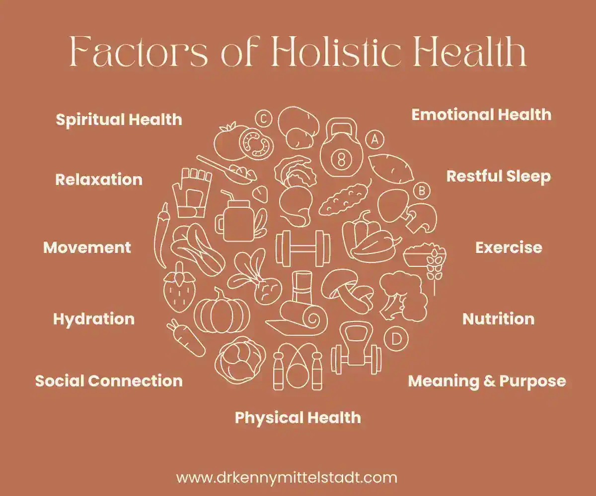 This image depicts some of the factors that make up holistic health including nutrition, movement, exercise, sense of meaning and purpose, social health, physical health, spiritual health, and mental health.
