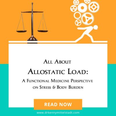 This featured blog image shows the title "All About Allostatic Load" and a graphic of a balancing scale and a graphic of a stick person carrying a load of gears on their back