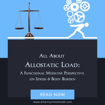 This featured blog image shows the title "All About Allostatic Load" and a graphic of a balancing scale and a graphic of a stick person carrying a load of gears on their back