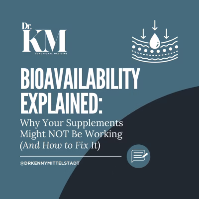 Title image with the full titled of the blog post "Bioavailability Explained: Why Your Supplements Might Not Be Working (And How to Fix It)" with a small graphic that shows a droplet crossing a barrier