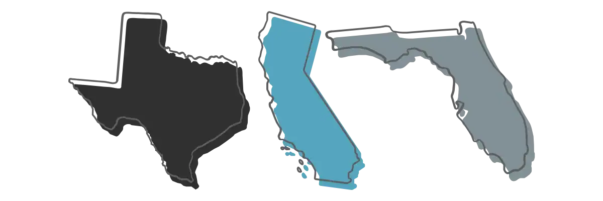 Seeing Patients Virtually in Texas, California, and Florida, this is an image that shows the outlines of the three states that Dr. Kenny practices in.